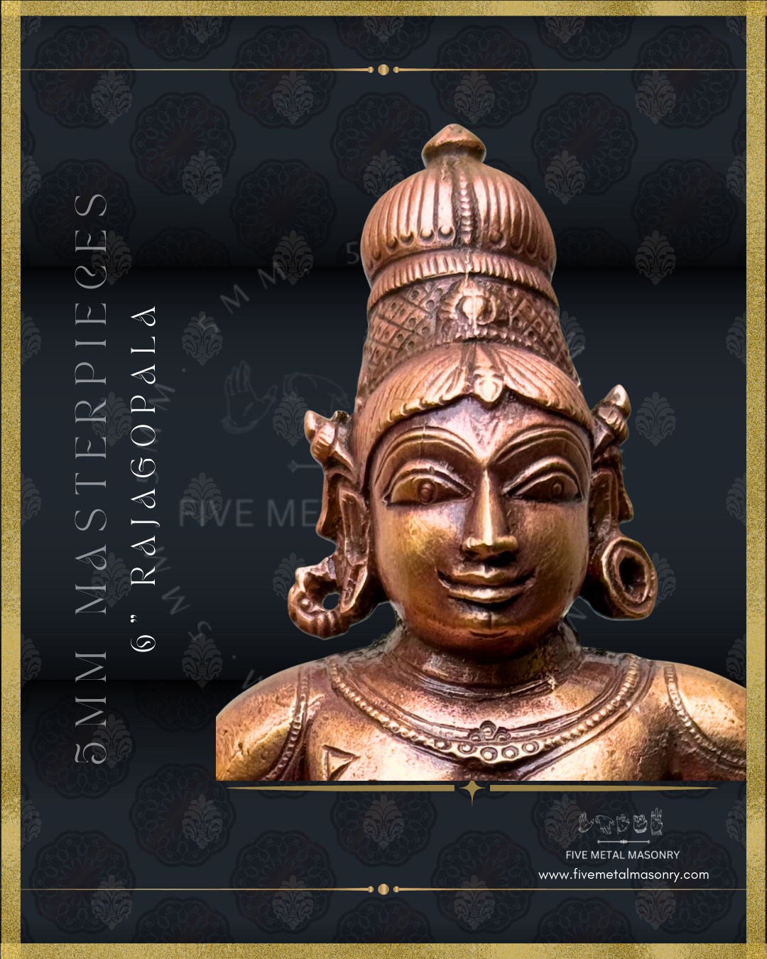 Rajagopala Panchaloha bronze statue – Masterpieces collection. Shilpa Sastra iconography, handcrafted lost wax casting – Closeup-Face