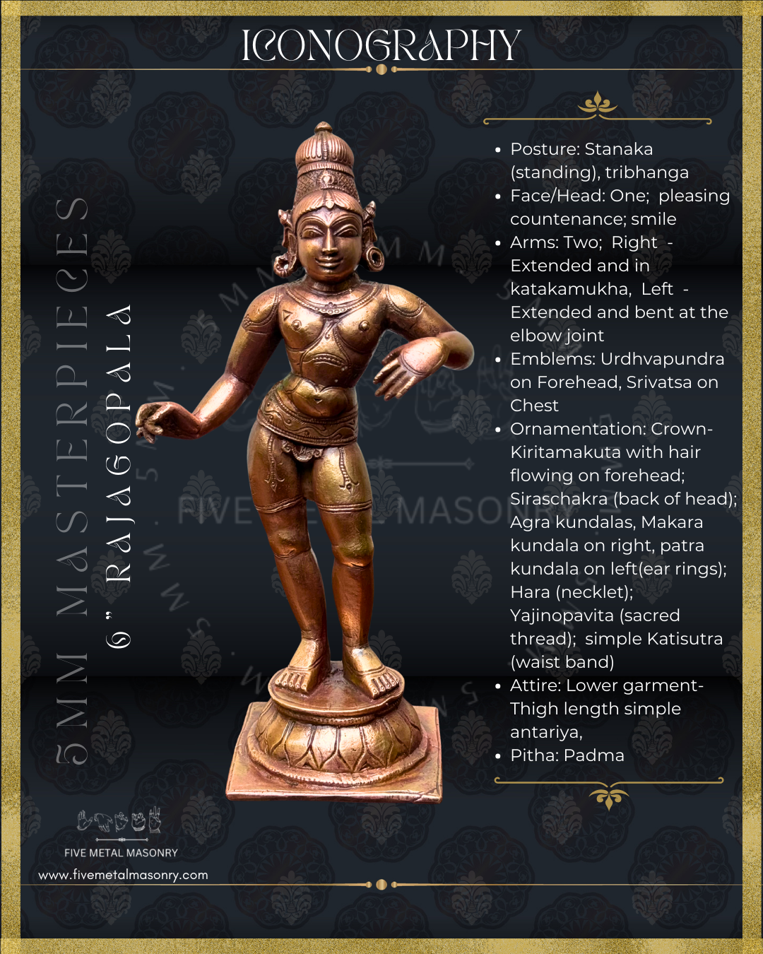 Rajagopala Panchaloha bronze statue – Masterpieces collection. Shilpa Sastra iconography, handcrafted lost wax casting – Iconographic Description