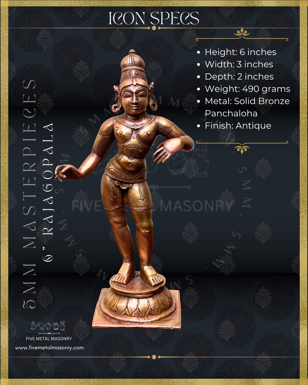 Rajagopala Panchaloha bronze statue – Masterpieces collection. Shilpa Sastra iconography, handcrafted lost wax casting – specifications