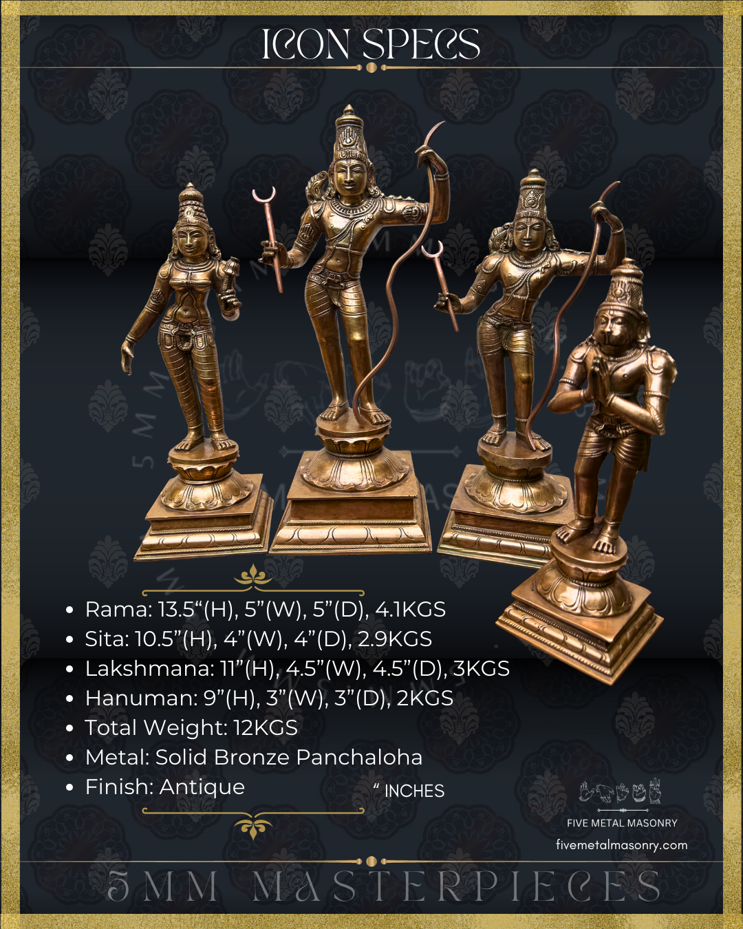 Ram Darbar Set -Panchaloha Bronze statue -  Masterpieces Collection - Iconography per Shilpa Sastra, handcrafted lost wax casting- Dimensions