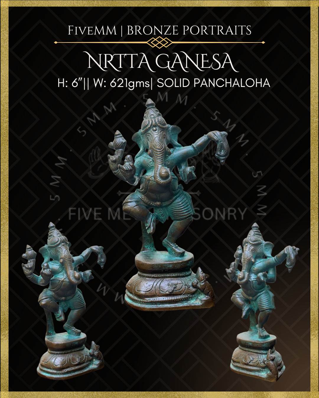 Dancing Ganesha Panchaloha Bronze statue – per Shilpa Sastra iconography, handcrafted by lost wax casting – All angles view