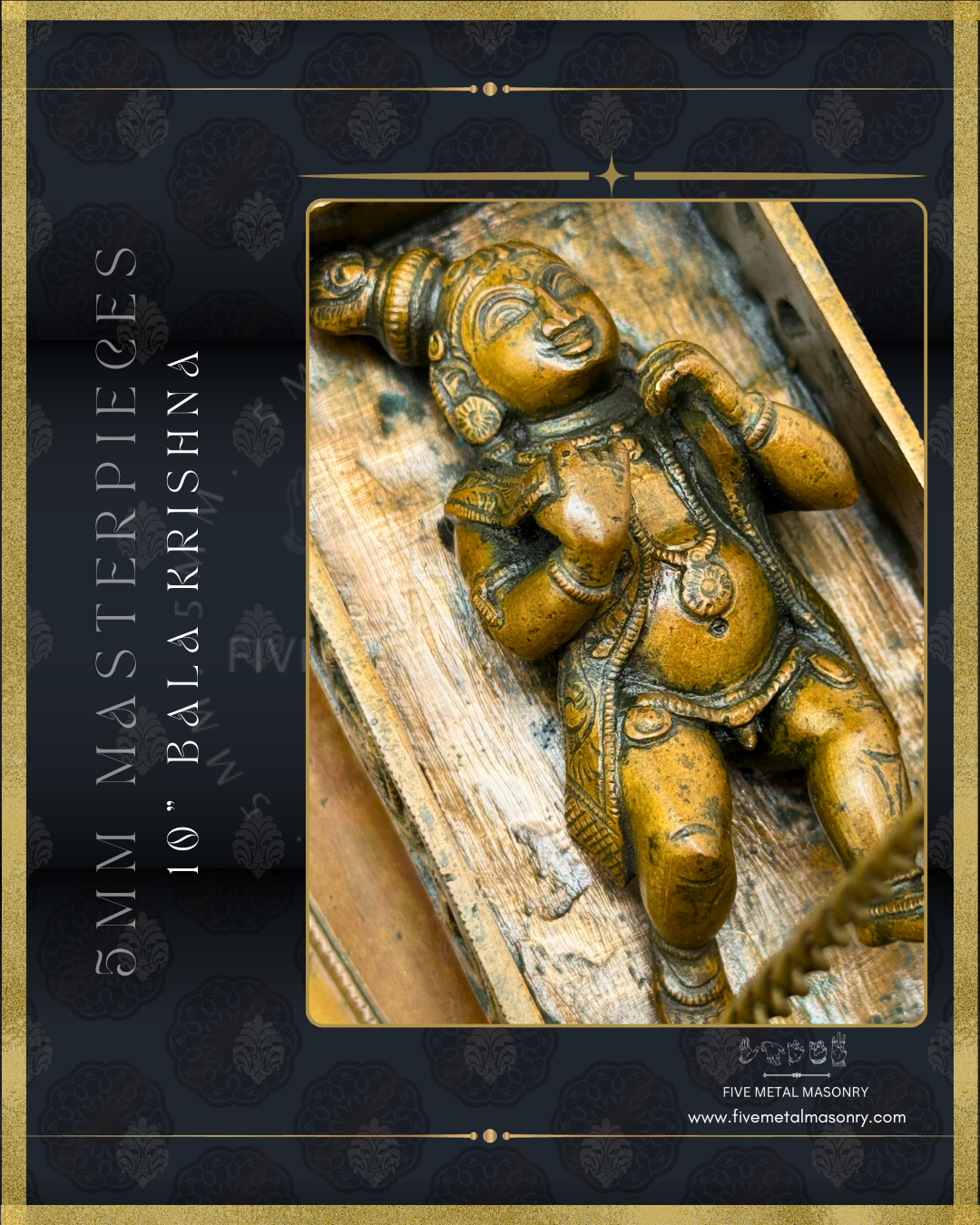 Bala Krishna in Cradle Panchaloha Bronze statue -  Masterpieces Collection - Iconography per Shilpa Sastra, handcrafted lost wax casting – Krishna closeup view
