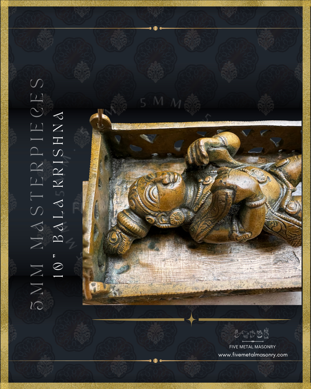 Bala Krishna in Cradle Panchaloha Bronze statue -  Masterpieces Collection - Iconography per Shilpa Sastra, handcrafted lost wax casting – Top half closeup view