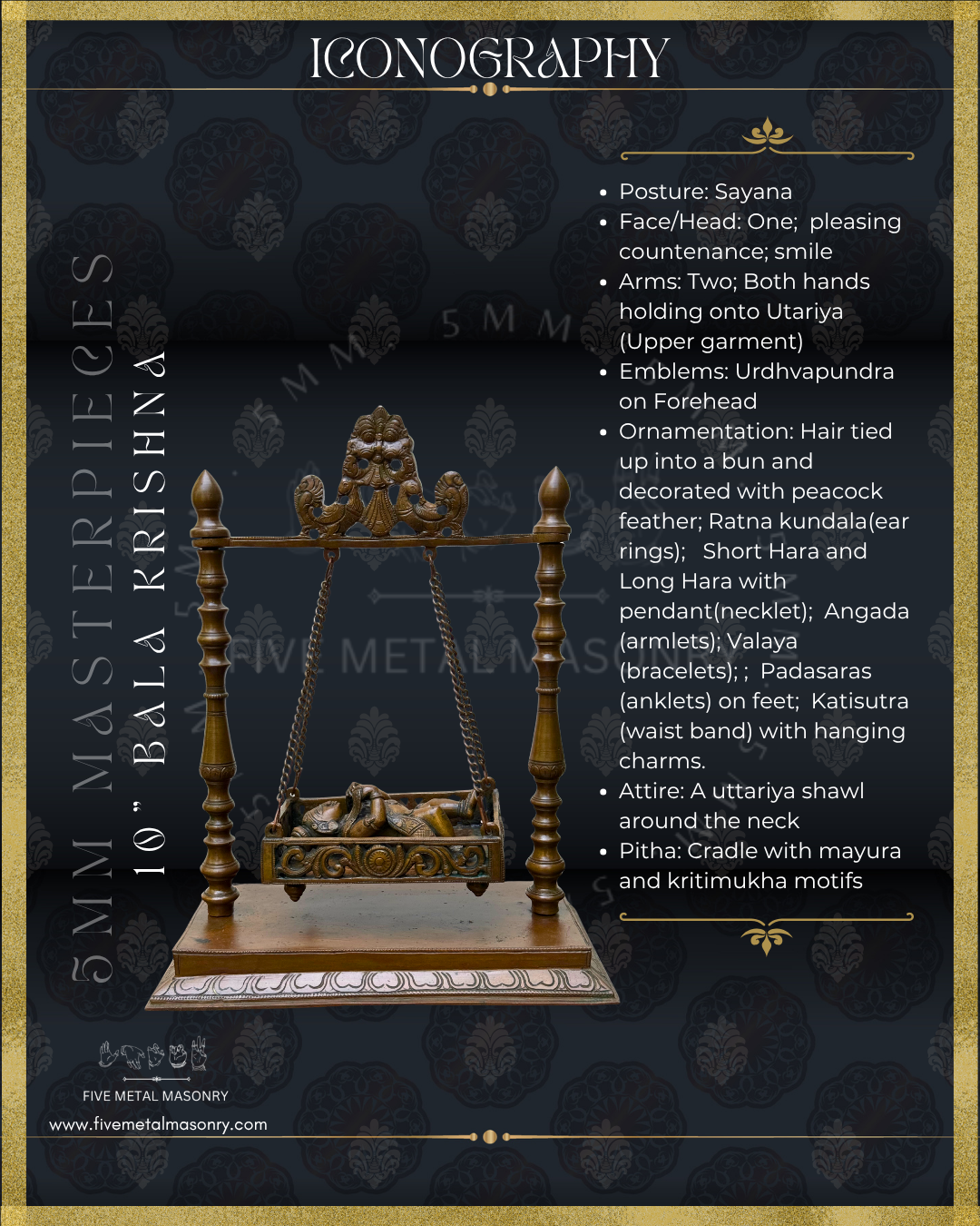 Bala Krishna in Cradle Panchaloha Bronze statue -  Masterpieces Collection - Iconography per Shilpa Sastra, handcrafted lost wax casting – Iconographic Description