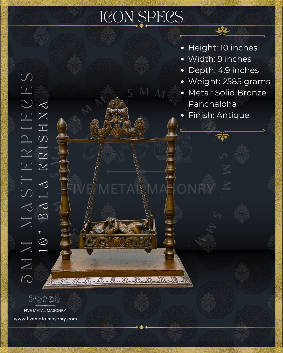 Bala Krishna in Cradle Panchaloha Bronze statue -  Masterpieces Collection - Iconography per Shilpa Sastra, handcrafted lost wax casting – Dimensions