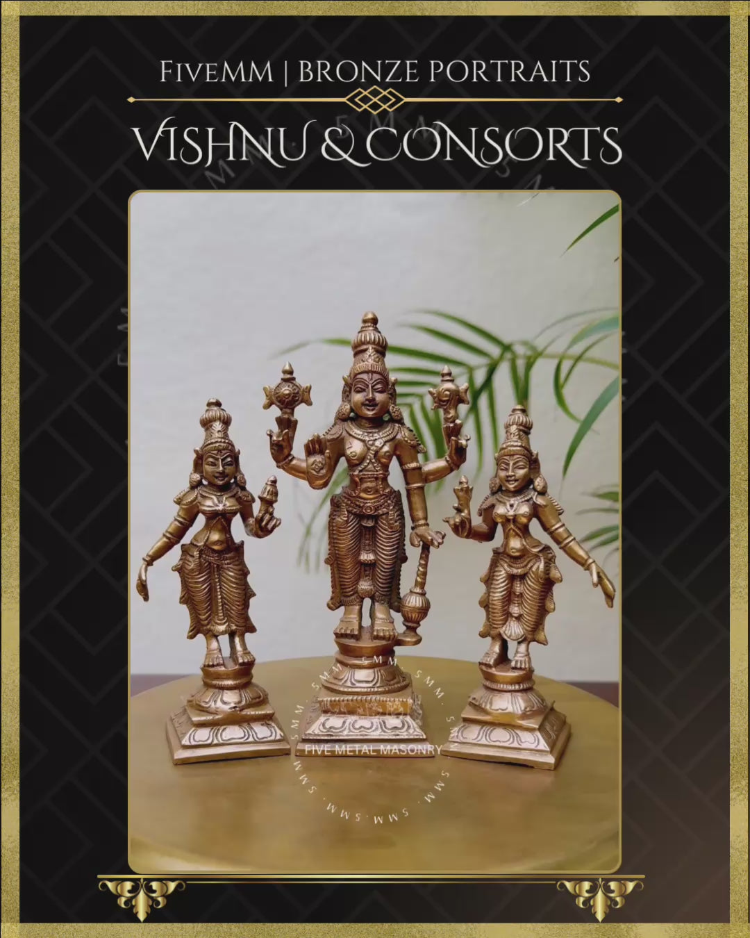 Vishnu with Sridevi-Bhudevi Panchaloha Bronze statue – per Shilpa Sastra iconography, handcrafted by lost wax casting – Video- 360 degree view